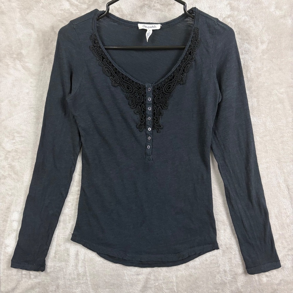 Aeropostale Women S Black Crochet Lace Long Sleeve Henley Top Raw Hem Boho Goth